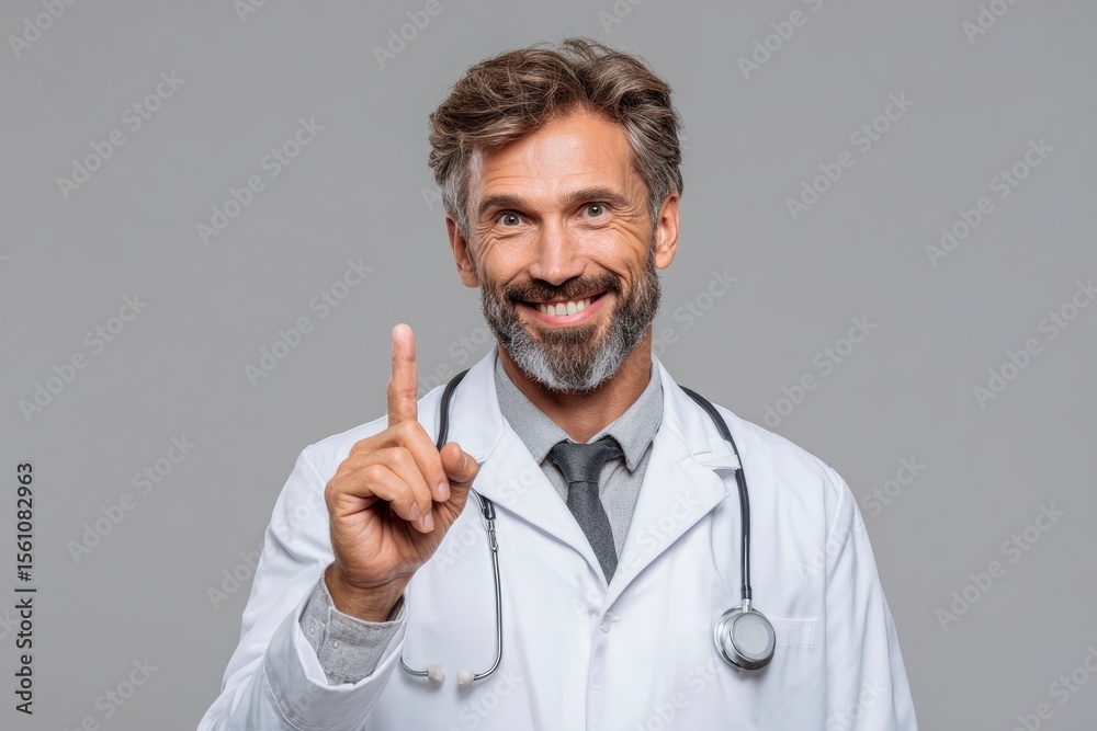 A smiling grayhaired doctor in a white coat points upward wearing a tie and stethoscope against a gray backdrop A smiling grayhaired doctor in a white coat points upward wearing a tie and stethoscope against a gray backdrop