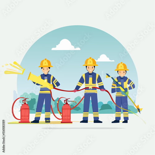 Vector illustration of firefighters extinguishing a building fire with hoses