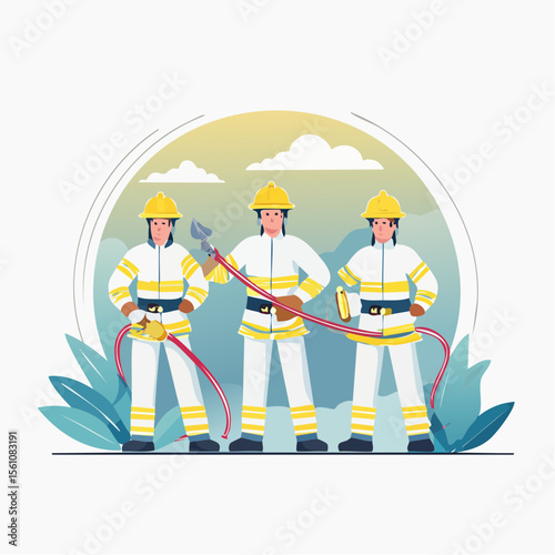 Vector illustration of firefighters extinguishing a building fire with hoses