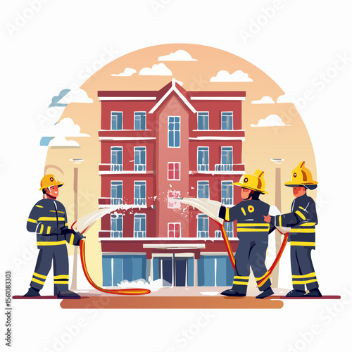 Vector illustration of firefighters extinguishing a building fire with hoses