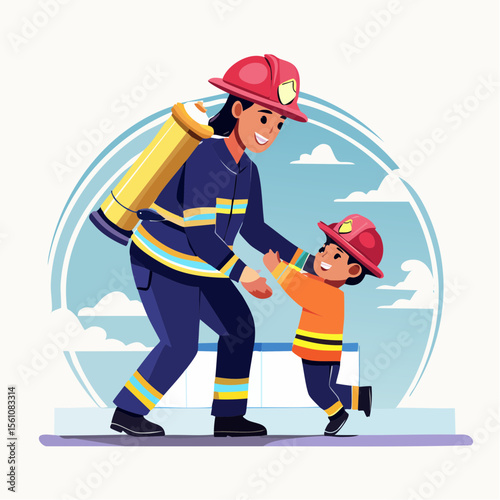 Vector illustration of firefighters extinguishing a building fire with hoses