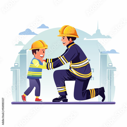 Vector illustration of firefighters extinguishing a building fire with hoses