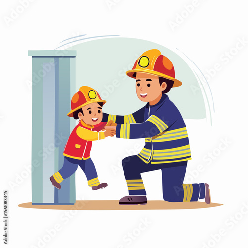 Vector illustration of firefighters extinguishing a building fire with hoses