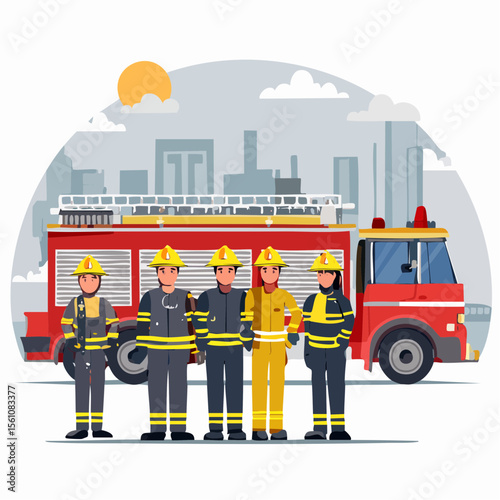 Vector illustration of firefighters extinguishing a building fire with hoses