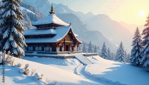 Wallpaper Mural Serene winter scene at a snow-covered temple, sunlight illuminating the ancient architecture Perfect for winter travel, spirituality, and serenity themes , ice, peaceful Torontodigital.ca