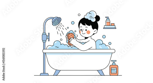 Girl Enjoying a Relaxing Bubble Bath Surrounded by Soap and Shampoo Bottles on Shelf