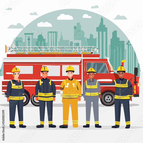 Vector illustration of firefighters extinguishing a building fire with hoses