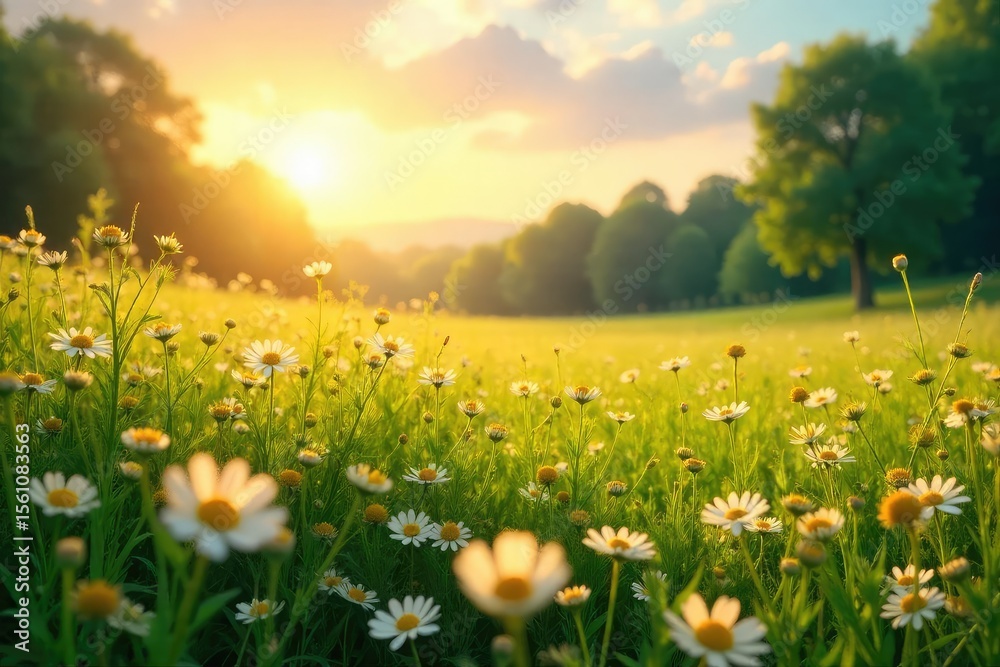 Obraz premium Golden sunlight bathes a vast meadow, wildflowers swaying gently in the breeze A breathtaking scene of nature's beauty, perfect for idyllic or fantasy themes , golden light, blossom