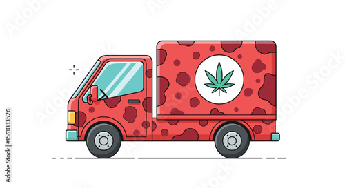 A Delivery Truck Covered In Red Spots And a Marijuana Leaf Illustration Transporting Goods