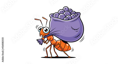 An Orange Ant Carrying a Heavy Purple Bag Full of Blue Berries