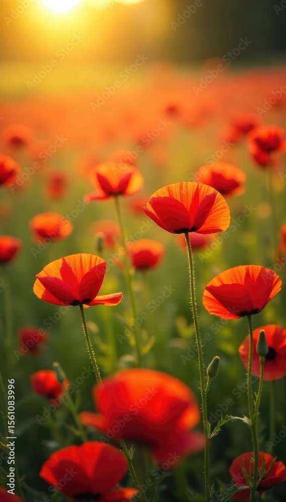 Fototapeta premium A vibrant field of red poppies swaying gently in the summer breeze, bathed in golden sunlight Perfect for themes of remembrance, peace, and the beauty of nature , peaceful, wallpaper