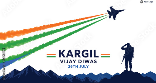 Kargil vijay diwas illustration with fighter jet, tricolor smoke trails, and saluting soldier silhouette