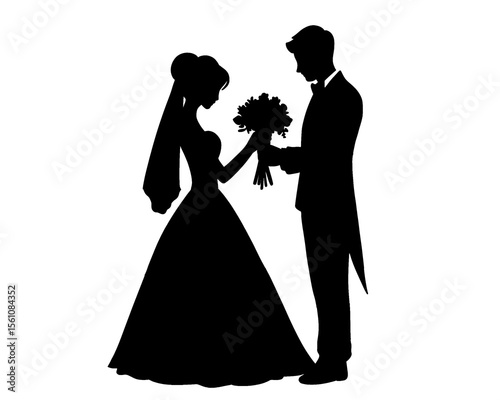 silhouette of bride and groom, silhouette of married couple, icon isolated on white background	