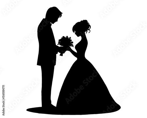 silhouette of bride and groom, silhouette of married couple, icon isolated on white background	
