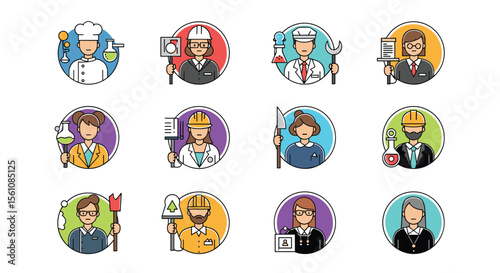 Diverse Array of Professional Person Icons Representing Various Occupations and Fields of Expertise