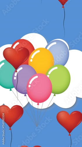 Multiple heart shaped balloons floating against blue sky