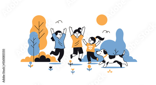 Children Playing Ball Together with a Dog in the Park on a Summer Day