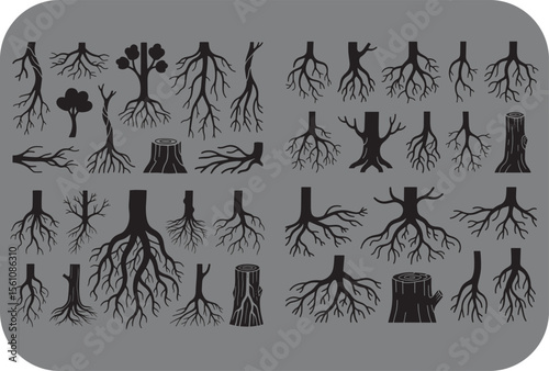 Collection of stylized black tree roots and stumps on a gray background representing natural growth stability and the underground structure of plants