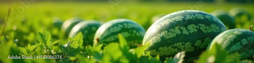 A bountiful harvest of ripe watermelons, ready for picking in a lush green field Sun-drenched and juicy, these melons represent peak summer abundance , sunlight, antioxidant, harvest