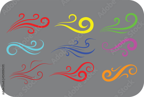 A vibrant collection of nine abstract swirling decorative elements in red yellow green cyan blue magenta and orange set against a neutral gray background