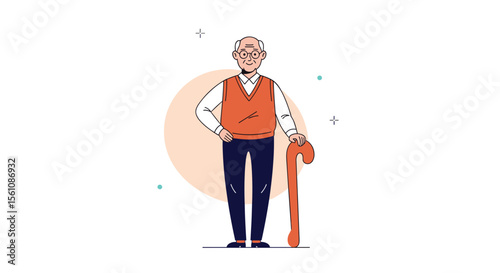 An Elderly Gentleman Standing Calmly With His Cane In A Simple Animation Style