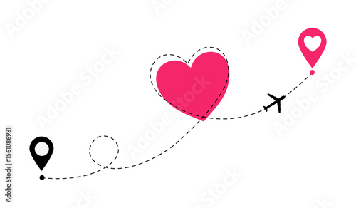 Destination wedding. Love airplane route. Heart dashed line trace and plane route on white background. Romantic wedding travel, Honeymoon trip. Hearted plane path drawing vector illustration