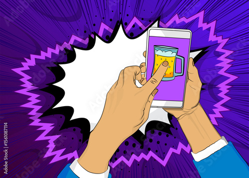 Cartoon Smartphone, comic book Telephone with Beer glass. Retro vector comics pop art design.