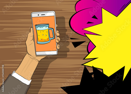 Cartoon Smartphone, comic book Telephone with Beer glass. Retro vector comics pop art design.