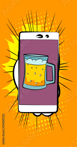 Cartoon Smartphone, comic book Telephone with Beer glass. Retro vector comics pop art design.