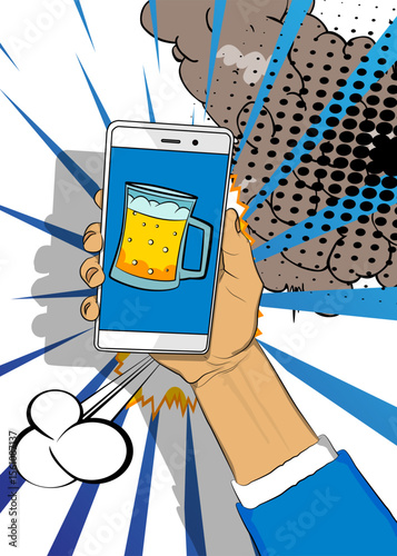 Cartoon Smartphone, comic book Telephone with Beer glass. Retro vector comics pop art design.