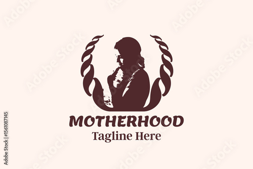 Mother loves baby logo design vector illustration. Silhouette of mother holding baby. Vector icon symbol care support maternal simple vintage classic.