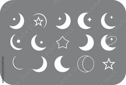 Collection of white crescent moon and star icons with different variations including dots and orbits against a plain gray background
