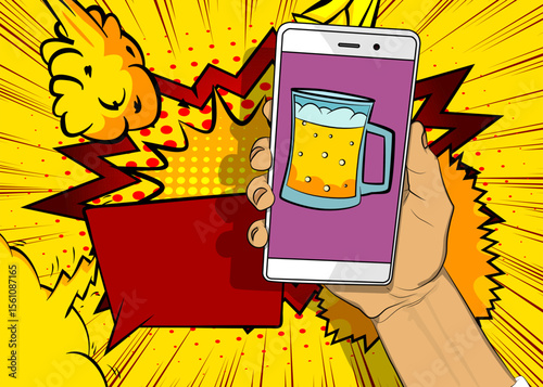Cartoon Smartphone, comic book Telephone with Beer glass. Retro vector comics pop art design.