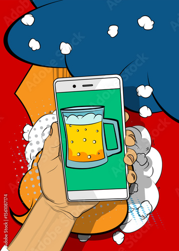 Cartoon Smartphone, comic book Telephone with Beer glass. Retro vector comics pop art design.