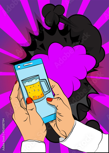 Cartoon Smartphone, comic book Telephone with Beer glass. Retro vector comics pop art design.