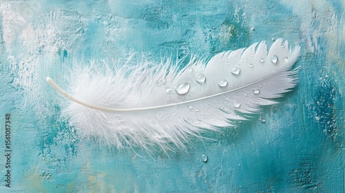 Transparent water droplets on white bird's feather on blue and turquoise background,  - ai