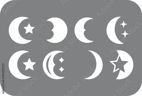Collection of white crescent moon and star icons with varying phases and star placements on a muted grey background representing celestial bodies and night