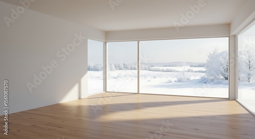 Empty room with snow scene background, There are white wall, wooden floor and ceiling.There are big windows look out to see nature view.