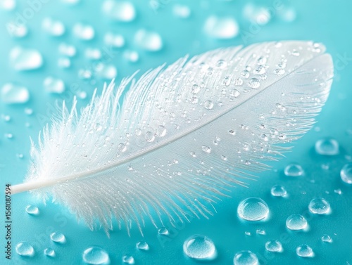 Transparent water droplets on white bird's feather on blue and turquoise background,  - ai