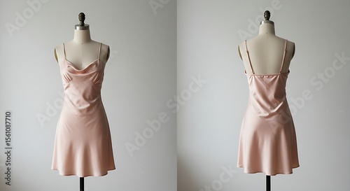 Front view of a female mannequin wearing a light pink or blush-colored satin slip dress with delicate spaghetti straps and a cowl neck design, exuding elegance and simplicity.
