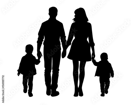 Family silhouette, a father, mother and their son and daughter walking hand in hand, isolated icon on white background	