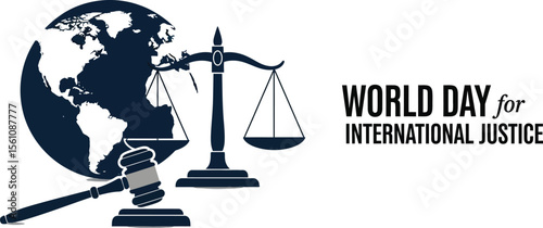 Illustration for world day for international justice with globe scale and gavel on white background