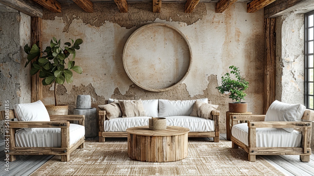 Obraz premium 3D Rendered Scandinavian Farmhouse Living Room with Natural Wooden Furniture HD Stock Image for Interior Design and Home Decor Concepts