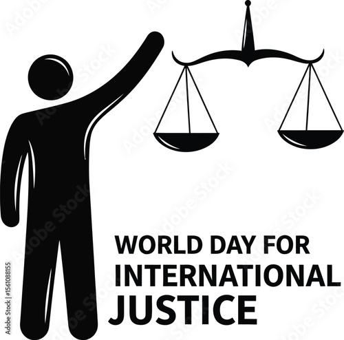 Illustration of world day for international justice with a stick figure and scales of justice
