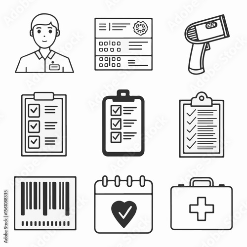 Medical Record and Insurance Icon Set – Simple Line Art of Patient Profile, Report File, and Policy Documents