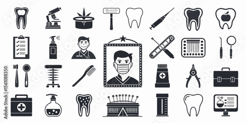 Dental and Oral Health Icon Set – Flat Vector of Tooth, Dentist Tools, Cavity, Braces, and Gum Care


