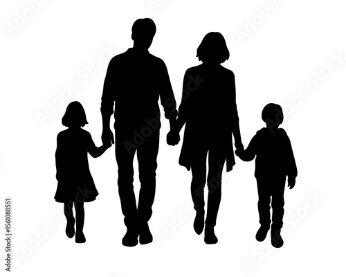 Family silhouette, a father, mother and their son and daughter walking hand in hand, isolated icon on white background	