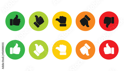 Thumb symbols rating and feedback scale icon on circle outline. Excellent, good, average, poor, and bad thumb color sign symbol