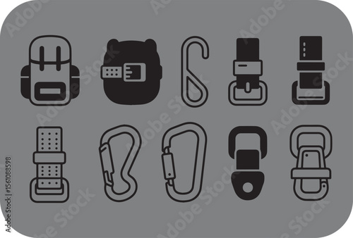 Collection of black line art icons representing climbing gear and outdoor adventure equipment on a grey background
