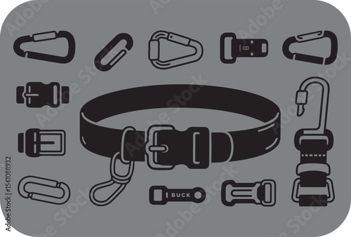 Collection of black line art icons representing various dog collar accessories including carabiners buckles and a dog collar with a buckle and leash attachment on a gray background